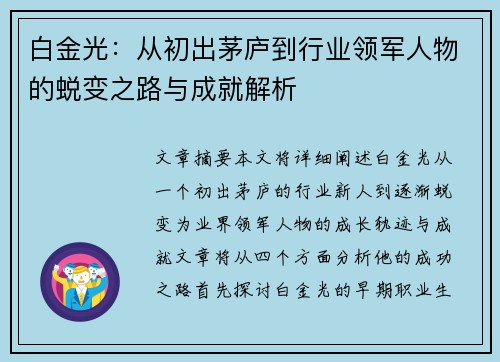 白金光：从初出茅庐到行业领军人物的蜕变之路与成就解析