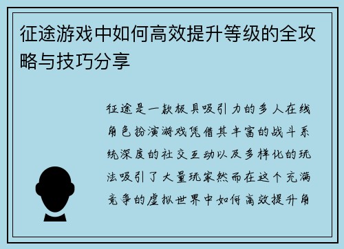 征途游戏中如何高效提升等级的全攻略与技巧分享 征途游戏中如何高效提升等级的全攻略与技巧分享